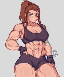 1girls 2d abs big_breasts brigitte brown_eyes brown_hair curvy hdhx long_hair muscular muscular_female overwatch shorts solo sportswear tagme tattoo tattooed_arm