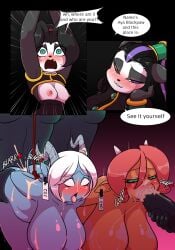 4girls ahe_gao anthro aya_blackpaw big_breasts black_hair blank_eyes blowjob blush breasts_out comic cowgirl cum cum_in_mouth cum_in_pussy cum_inside cum_on_body cum_on_breasts cum_on_face english_text furry green_eyes huge_breasts li_li_stormstout pandaren purple_eyes shocked small_breasts speech_bubble tongue_out wherewolf world_of_warcraft yrel