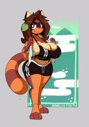 aronhilistix big_breasts breasts clothed clothing female fur furry furry_only hi_res large_breasts leaf raccoon sportswear tail tanuki thick_thighs towel wide_hips