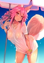 1girls big_breasts blush bracelet breasts_visible_through_clothing collarbone fate/extra fate/grand_order fate_(series) fox_ears fox_tail pink_hair sweat sweating tagme tamamo_no_mae_(fate) umbrella visible_through_clothes white_shirt wisespeak yellow_eyes