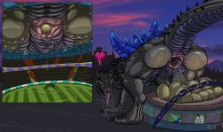 absurd_res animal_genitalia bodily_fluids cloaca drooling egg egg_laying female female_only feral football_field genitals godzilla_1998 heart hi_res kaiju lokidragon87 macro raised_tail saliva scalie solo solo_female stadium stadium_lighting tongue tongue_out zilla