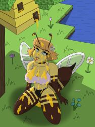 1girls azurexarts bee bee_(minecraft) bee_girl bee_humanoid blue_eyes bra covered_in_honey female female_focus female_only honey minecraft nude on_knees orange_hair panties sitting socks sports_bra thick_thighs thighhighs wings yellow_body yellow_skin