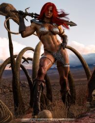 1girls 3d abs barbarian chainmail_bikini dynamite_comics gloves looking_at_viewer muscular_arms muscular_female muscular_thighs patricio_gandaracci pgandara red_hair red_sonja red_sonja_(comics) skimpy skimpy_armor solo spiderpity sword thighlet