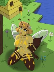 1girls azurexarts bee bee_(minecraft) bee_girl bee_humanoid blue_eyes completely_naked completely_nude covered_in_honey female female_focus female_only honey minecraft naked naked_female nude nude_female on_knees orange_hair sitting thick_thighs thighhighs wings yellow_body yellow_skin