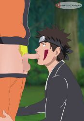 2boys andlynart black_eyes blonde_pubic_hair blowjob boner clothed_sex erect_penis erection faceless_male facepaint fellatio forest gay genitals headband inuzuka_kiba jacket makeup male male/male male_focus male_only male_with_male multiple_boys naruto naruto_(series) naruto_shippuden nature oral outdoors pants pants_down penis_in_mouth sex short_hair standing uncensored uzumaki_naruto yaoi