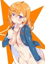 1girls blush breasts female female_focus female_only jacket kanibasami love_live! love_live!_superstar!! medium_breasts navel nipples orange_hair purple_eyes shibuya_kanon solo sweat teenager