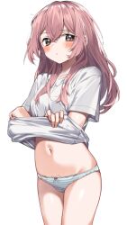 blush bottomless brown_eyes closed_mouth clothes_lift commentary_request eyebrows_visible_through_hair female flat_chest hair_between_eyes highres inui_sajuna kikurage_tom. lifted_by_self long_hair looking_at_viewer midriff navel panties pink_hair shirt shirt_lift short_sleeves small_breasts solo sono_bisque_doll_wa_koi_wo_suru stomach striped striped_panties t-shirt thighhighs thighs underwear undressing white_background white_panties white_shirt