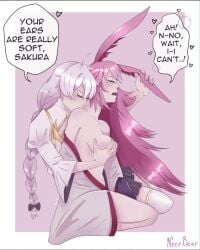 2girls braid braided_hair breasts closed_eyes ear female female_only fondling fondling_breast fox_ears fox_girl grope groping groping_breasts groping_from_behind honkai_(series) honkai_impact_3rd kallen_kaslana kissing_shoulder kitsune lesbian_sex lesbians long_hair neerbear open_mouth partially_clothed pink_hair pleasure_face sensitive silver_hair yae_sakura yuri