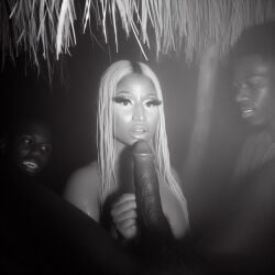 ai_generated black_and_white black_female blonde_hair celebrity dall-e3 dark-skinned_female dark-skinned_male large_breasts large_penis monochrome nicki_minaj nude nude_female nude_male oral oral_sex photorealism photorealistic sucking sucking_penis