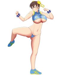 1girls breasts brown_hair cameltoe capcom chun-li female female_only mangakay84 sneakers solo street_fighter tennis_shoes thong tied_hair underboob violet_eyes wrist_cuffs