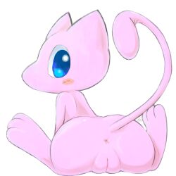 anus ass blue_eyes blush female feral genitals legendary_pokemon looking_at_viewer looking_back mew nintendo pink_body pokémon_(species) pokemon pokemon_(species) pussy rear_view sanusanu signature simple_background solo video_games white_background