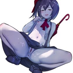 :d anus ascot bangs black_footwear black_hair black_skirt blush bow breasts censored colored_skin commentary_request cookie_(touhou) cum cum_on_body cum_on_breasts cum_on_hair cum_on_legs dutch_angle female full_body hairbow highres jiyu_(jiyusi) looking_at_viewer mary_janes mosaic_censoring navel nipples open_clothes open_mouth open_shirt pussy pussy_juice red_ascot red_bow red_umbrella shirt shoes short_hair side_ponytail simple_background siyudi_(cookie) skirt small_breasts smile solo squatting sweat umbrella unbuttoned unbuttoned_shirt white_background white_shirt white_skin