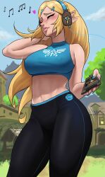 1girls 2022 alternate_breast_size blonde_hair breasts breath_of_the_wild dancing ear_wiggle echosaber female headphones headpiece hi_res hips hylian large_breasts listening_to_music long_ears long_hair nintendo outdoors princess princess_zelda royalty slim_waist smile solo sportswear tank_top the_legend_of_zelda thick_thighs thighs wholesome wide_hips yoga_pants zelda_(breath_of_the_wild)