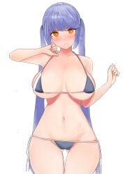 ass_visible_through_thighs azur_lane bangs bikini blue_bikini blue_hair blush breasts essex_(azur_lane) female highres large_breasts micro_bikini navel netto_inutaro orange_eyes side-tie_bikini solo swimsuit thick_thighs thigh_gap thighs twintails underboob undersized_clothes