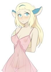 arms_behind_back bakara_jurgen bangs belly_button blonde_hair blue_eyes bottomless breasts dofus mouse nipples thigh_gap thighs transparent_clothing