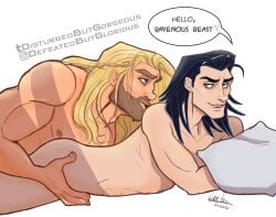 2boys beard disturbedbutgorgeous english_text facial_hair gay hearts human human_only incest kissing light-skinned_male light_skin loki_(marvel) loki_(series) male male_only marvel marvel_cinematic_universe muscular_male no_visible_genitalia nude_male playful skinny smile smirk step-incest thor_(marvel) thor_(series) yaoi