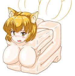 2022 ass blonde_hair box boxification breasts cube_transformation cute_fangs female fox_ears fox_girl hair humanoid looking_at_viewer nude open_mouth ran_yakumo simple_background solo tagumi touhou what white_background