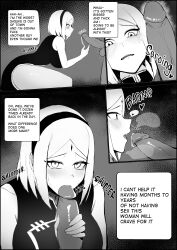 1boy 1girls aroused bare_legs bare_shoulders bare_thighs big_breasts blowjob boruto:_naruto_next_generations bottomless breasts cheating cheating_female cheating_wife comic commentary dark-skinned_male dark_skin dress english_commentary english_text erect_penis erection excited faceless_male fellatio female hourglass_figure interracial just_the_tip kisou long_hair looking_at_penis male mature_female monochrome naruto naruto_(series) netorare ntr oral penis penis_grab precum sakura_haruno speech_bubble talking talking_to_another talking_to_partner talking_to_self text thick_thighs thinking touching_penis twitching unknown_male unseen_character voluptuous