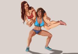 2girls abrosiis abs arm_grab asami_sato avatar_the_last_airbender black_hair blue_eyes brown_hair canon_couple cleavage clothing crossed_feet dark-skinned_female erect_nipples erect_nipples_under_clothes exercise female_only fireman's_carry fit_female full_body green_eyes interracial korra large_breasts lifting_person looking_at_another nickelodeon off_shoulder shoes shorts six_pack smooth_skin sneakers sports_bra squats squatting straight_hair strong sweat sweaty_breasts the_legend_of_korra thigh_grab tomboy toned_female workout yuri