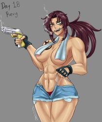 1girls abs black_lagoon breasts casual cigarette eljarochofeliz female female_only firearm gloves gun handgun handwear holding_object holding_weapon human muscular muscular_female no_bra pale_skin panties revy shorts smoking solo tattoo thong towel weapon