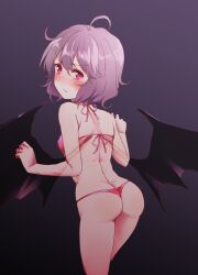 ahoge ass ass_cleavage bangs bat_wings bikini black_background black_wings blush butt_crack closed_mouth dra eyebrows_visible_through_hair female from_behind highres looking_at_viewer looking_back purple_hair red_bikini red_eyes remilia_scarlet short_hair solo standing sweatdrop swimsuit touhou wings