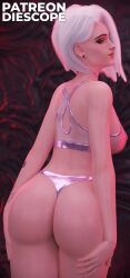 1girls 3d ashe_(overwatch) ass blender blizzard_entertainment blurry_background breasts clothed clothing diescope female hi_res latex latex_clothing light_skin overwatch pose red_eyes red_lipstick solo solo_female standing thick_thighs thong transparent_clothing white_hair