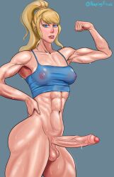 1futa abs balls big_penis blonde_hair blue_eyes bottomless clothed clothing erection flexing futa_only futanari huge_ass human light-skinned_futanari light_skin metroid muscular muscular_arms muscular_futanari muscular_legs nintendo nipples nipples_visible_through_clothing partially_clothed partially_retracted_foreskin peepingficus penis samus_aran solo solo_futa standing sweat sweatdrop sweaty tank_top uncut veiny_penis