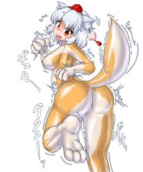 2021 ass blush breasts canid clothing female goo_transformation hair hat headgear headwear inner_ear_fluff looking_back mammal momiji_inubashiri on_one_leg red_eyes simple_background solo standing tagumi touhou transformation tuft video_games white_background white_hair