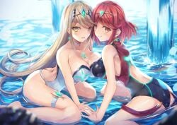 2girls bare_back bare_thighs big_breasts blonde_female blonde_hair blush breasts choker cleavage core_crystal earrings female female_only girls gold_tiara green_earrings handholding hinot inoue_takuya_(pixiv_99697) light_blush long_blonde_hair looking_at_viewer mythra only_female pyra red_eyes red_hair red_swimsuit red_swimwear swimsuit swimsuits swimwear thick_thighs thigh_ring thighs tiara water white_choker white_swimsuit white_swimwear xenoblade_(series) xenoblade_chronicles_2 yellow_eyes