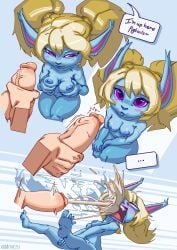 anthro barefoot blonde_hair blue_body blush bodily_fluids breasts cum cum_blast cum_on_face cumshot duo feet female genital_fluids genitals hair hi_res human league_of_legends male male/female mammal masturbation mouezu nipples penis poppy riot_games twintails video_games yordle