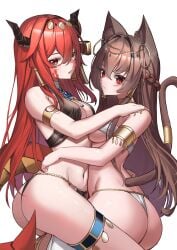 2girls ass belly_dancer belly_dancer_outfit bocas_top brown_hair bubble_butt cat_ears cat_girl cat_tail catgirl circlet dancer dancer_outfit dragon_girl dragon_horns dragon_tail harem harem_girl harem_outfit iznal large_breasts long_hair original original_characters red_eyes red_hair voluptuous