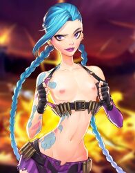 1girls arm_tattoo bare_shoulders belt bikini_top black_gloves blue_hair braid breasts_outside bullets detached_sleeves ear_piercing earrings explosion eyeliner female female_only fingerless_gloves fire flashing gloves halterneck jinx_(league_of_legends) jummy league_of_legends lipstick long_hair looking_at_viewer mascara navel nipples open_belt open_clothes open_shorts parted_lips purple_eyes raised_eyebrow short short_shorts single_detached_sleeve small_breasts smile solo stomach_tattoo torn_clothes torn_shorts twin_braids unbuttoned very_long_hair