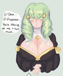 1girls alternate_breast_size cleavage_window dialogue dress eyebrows_visible_through_hair female_only fire_emblem fire_emblem:_three_houses flayn_(fire_emblem) flustered green_eyes green_hair hairpins large_breasts miriasuu nintendo nipples_visible_through_clothing no_background sweaty twin_drills