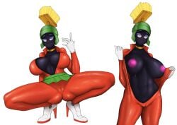 abs absurd_res alien alien_girl alien_humanoid alternate_costume big_breasts bodily_fluids breasts cameltoe cleavage clothed clothing clothing_swap crouching duck_dodgers female female_only hi_res high_heels huge_breasts humanoid jumpsuit looking_at_viewer looney_tunes martian martian_(duck_dodgers) marvin_the_martian mouthless nipples not_furry partially_clothed queen_tyr'ahnee simple_background smooth_skin solo spread_legs spreading sweat unusualdan warner_brothers white_background