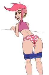 1girls artist_request ass black_eyes clothing ear_piercing female female_only looking_back open_mouth panties piercing pink_hair pink_panties scooby-doo scooby-doo_and_guess_who? simone_(scooby-doo_and_guess_who) simple_background solo tagme_(artist) teeth white_background