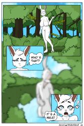 ambiguous_gender anthro big_breasts blur_(disambiguation) bodily_fluids breasts casual_nudity comic dizzy female forest fur genitals lagomorph leporid mammal nature nude outside plant pussy rabbit shrub softcore_works solo sweat text tree white_body white_fur