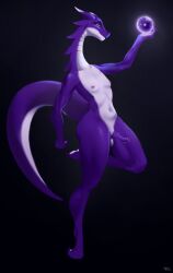 anthro black_background digital_media_(artwork) dragon flat_chested genitals hi_res looking_away male male_only navel nipples nude penis purple_body sackrany scalie simple_background smile solo white_body