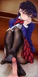 1boy absurdres artist_name black_hair black_legwear blush drawfagmona feet female footjob highres komi-san_wa_komyushou_desu komi_shouko long_hair looking_at_viewer no_shoes pantyhose penis pleated_skirt purple_eyes shower_head skirt solo_focus straight thighband_pantyhose wet_clothes wet_pantyhose