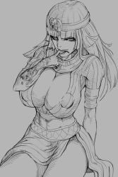 black_and_white cleopatra cleopatra_(megami_tensei) egyptian_clothes egyptian_mythology headdress huge_breasts looking_at_viewer megami_tensei nipples_visible_through_clothing shin_megami_tensei shin_megami_tensei_v sketch tagme tagme_(artist)