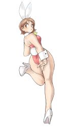 1girls animal_ears ass atlus bunnysuit fake_animal_ears female female_only high_heels persona persona_3 short_hair sideboob solo standing_on_one_leg toshinoshin00 yukari_takeba