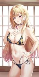 alternate_costume bikini blonde_hair bnari breasts choker female female_only gyaru kitagawa_marin lolipop long_fingernails long_hair looking_at_viewer official_alternate_costume open_mouth piercing solo sono_bisque_doll_wa_koi_wo_suru spit sweat sweatdrop