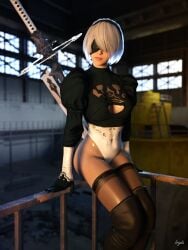 3d 3d_(artwork) android blindfold boots daz_studio factory female female_only fully_clothed gloves headband iryda long_boots nier nier:_automata pixiv stockings sword warrior watermark white_hair yorha_2b