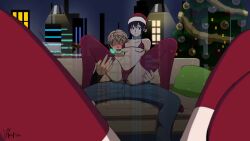 1boy 1girls 2d animated christmas female female_on_top male no_sound reflection short_playtime tagme thick_thighs thighhighs video