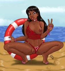 1girls areolae barefoot beach big_breasts bikini bikini_aside bimbo bracelet breasts busty choker collar dark-skinned_female dark_skin disney feet female female_only hourglass_figure labia lifeguard lilo_and_stitch mayordi medium_breasts nail_polish nani_pelekai nipple_slip nipples nose painted_nails painted_toenails pussy sand skimpy_bikini squatting sweat tagme toenail_polish v_sign wide_hips