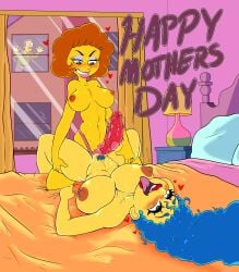 1boy 2girls big_breasts blue_hair brown_hair completely_nude female imminent_penetration imminent_sex imminent_vaginal long_hair lying lying_on_back marge_simpson mature_female maude_flanders medium_breasts milf mother's_day ned_flanders pleasure_face sex_toy short_hair slashysmiley strap-on text the_simpsons thick_thighs wife_and_wife yellow_body yellow_skin yuri