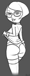 ass clothing cloudy_with_a_chance_of_meatballs grey_background haich labcoat_jenny lips looking_at_viewer monochrome panties presenting rough_sketch shirt_lift simple_background smile solo sony_pictures_animation stockings underwear