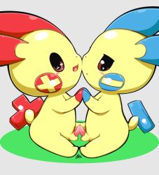 balls blush brown_eyes duo feral frottage genitals gloves_(marking) grey_background hand_holding male male/male markings minun nintendo penis plusle pokémon_(species) pokemon pokemon_(species) sanusanu sex signature simple_background video_games yellow_body