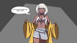 alternate_universe blue_eyes bra comic danganronpa danganronpa_v3 dark-skinned_female dark_skin electrickronos femdom femsub long_hair midriff necklace open_mouth skirt smooth_skin tan_skin text undressing white_hair yonaga_angie yuri