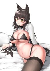 absurdres animal_ears atago_(azur_lane) atago_(stunning_speedster)_(azur_lane) azur_lane bangs bed bikini black_bikini black_hair black_legwear breasts brown_eyes cowboy_shot cropped_jacket dog_ears extra_ears female highres jacket large_breasts long_hair looking_at_viewer lying mole mole_under_eye ojisan_f on_side pillow race_queen ribbon shrug_(clothing) simple_background solo swept_bangs swimsuit thighhighs two-tone_bikini white_background white_jacket white_ribbon wrist_cuffs