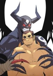 black_body boyfriend boyfriends devimon digimon evil evil_smile gay grabbing male male_only multiple_boys muscles muscular pectorals yaoi